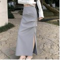 Gray high waist pleated work skirt